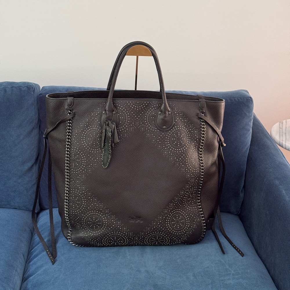COACH‎ Tatum Studded Tall Tote Handbag Black Pebble Leather.